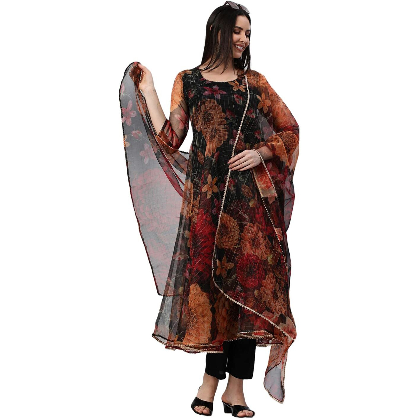 Gosriki Women's Cotton Blend Anarkali Floral Printed Kurta With Pant & Dupatta (Mrp-Black-Gs_M_Black_Medium)