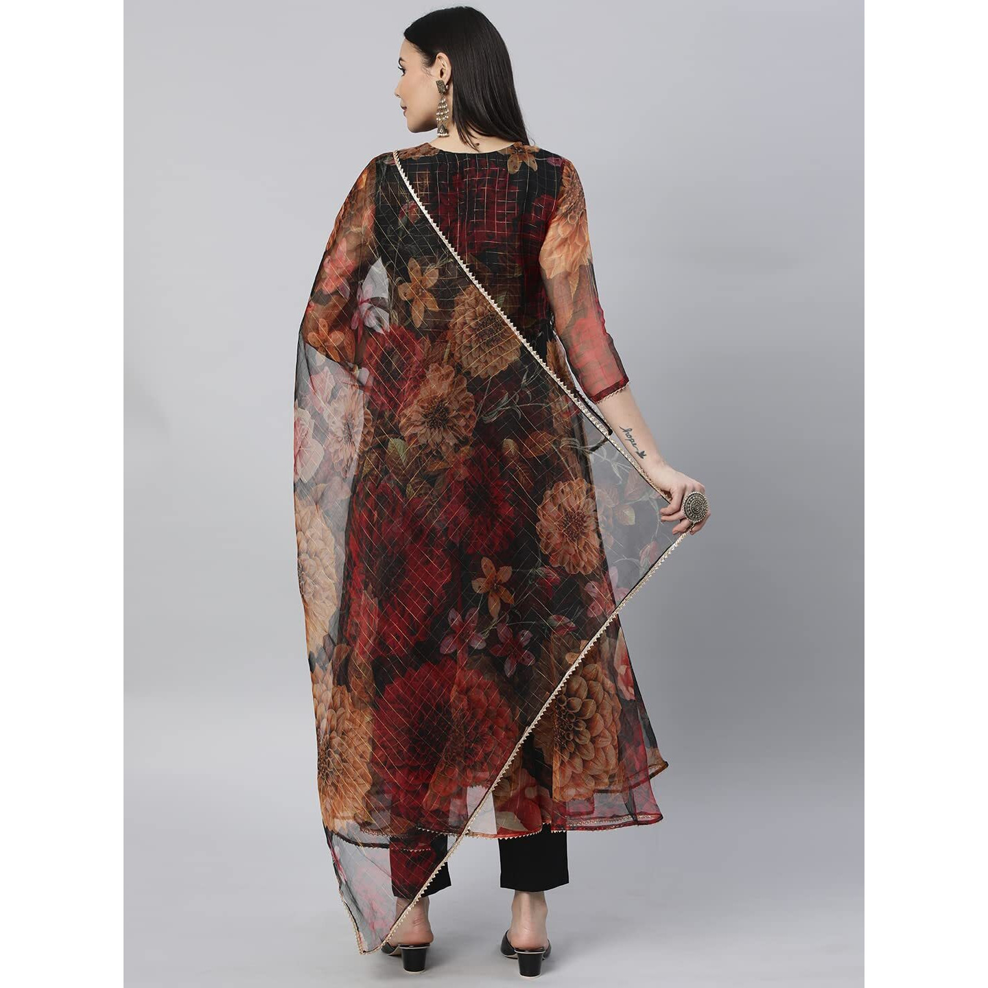 Gosriki Women's Cotton Blend Anarkali Floral Printed Kurta With Pant & Dupatta (Mrp-Black-Gs_M_Black_Medium)