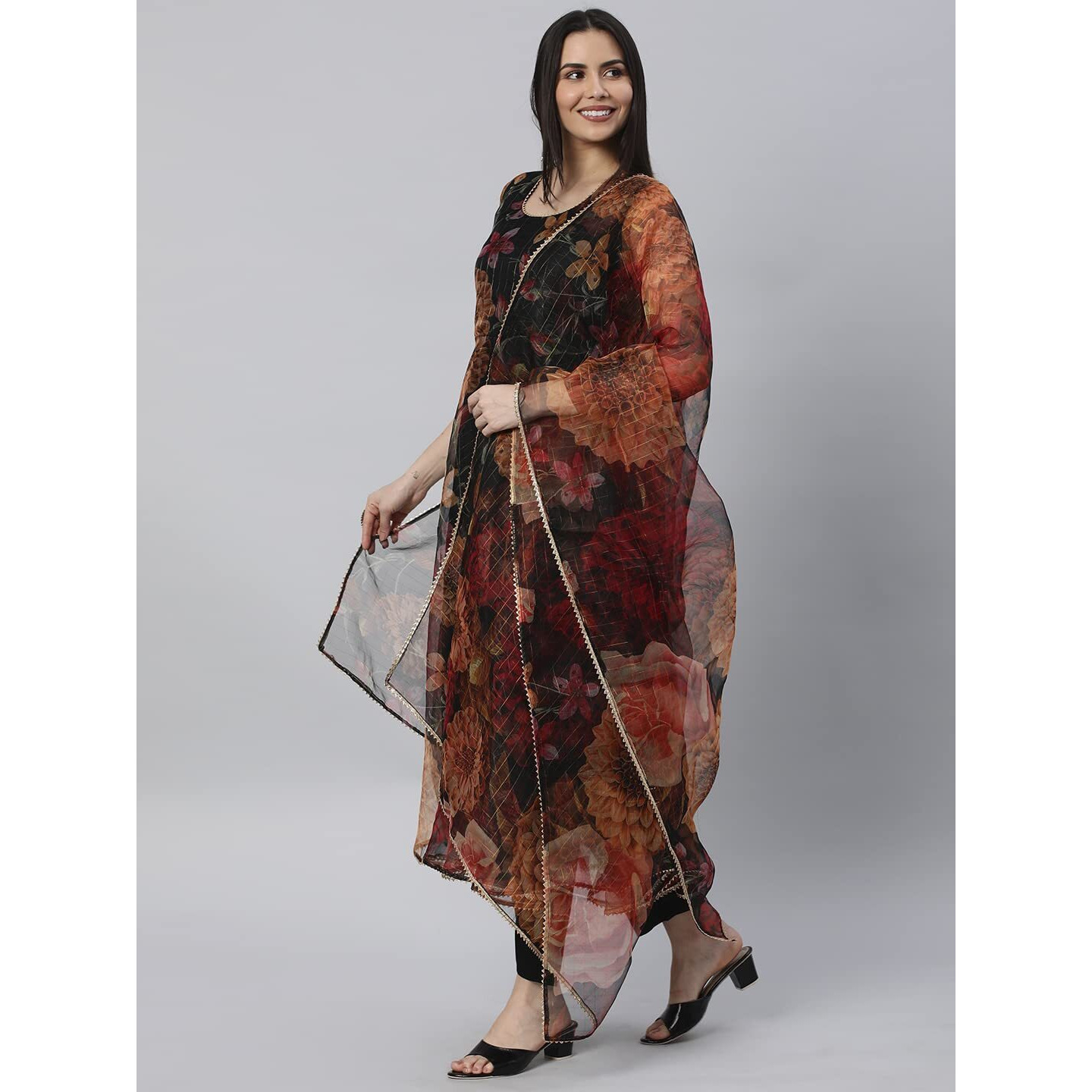 Gosriki Women's Cotton Blend Anarkali Floral Printed Kurta With Pant & Dupatta (Mrp-Black-Gs_M_Black_Medium)