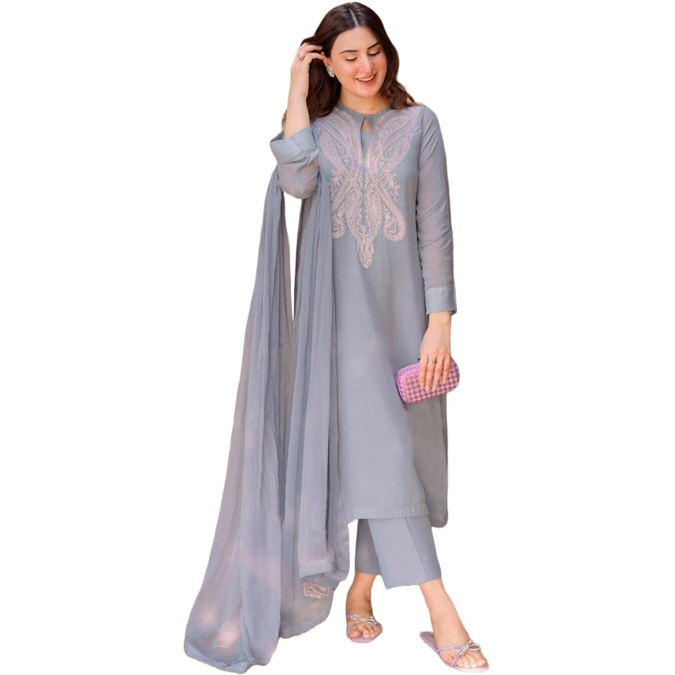 Gosriki Women's Cotton Blend Embroidered Straight Kurta With Pant & Dupatta (Gudali Blue-Gs_S_Blue_Small)