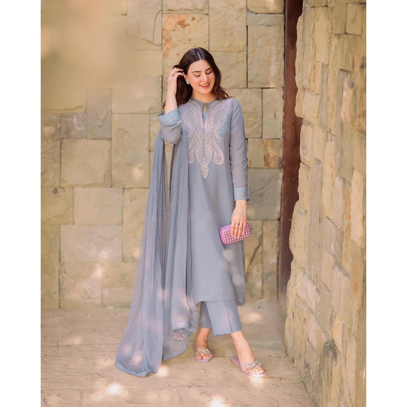 Gosriki Women's Cotton Blend Embroidered Straight Kurta With Pant & Dupatta (Gudali Blue-Gs_S_Blue_Small)