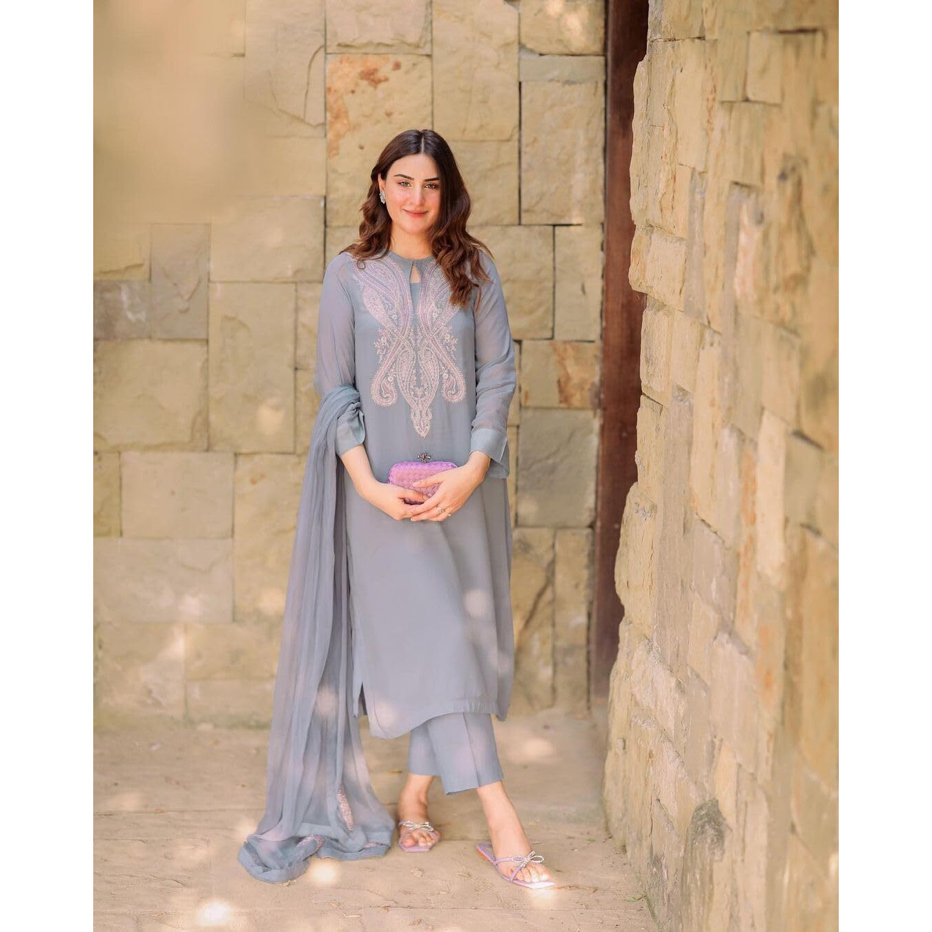 Gosriki Women's Cotton Blend Embroidered Straight Kurta With Pant & Dupatta (Gudali Blue-Gs_S_Blue_Small)