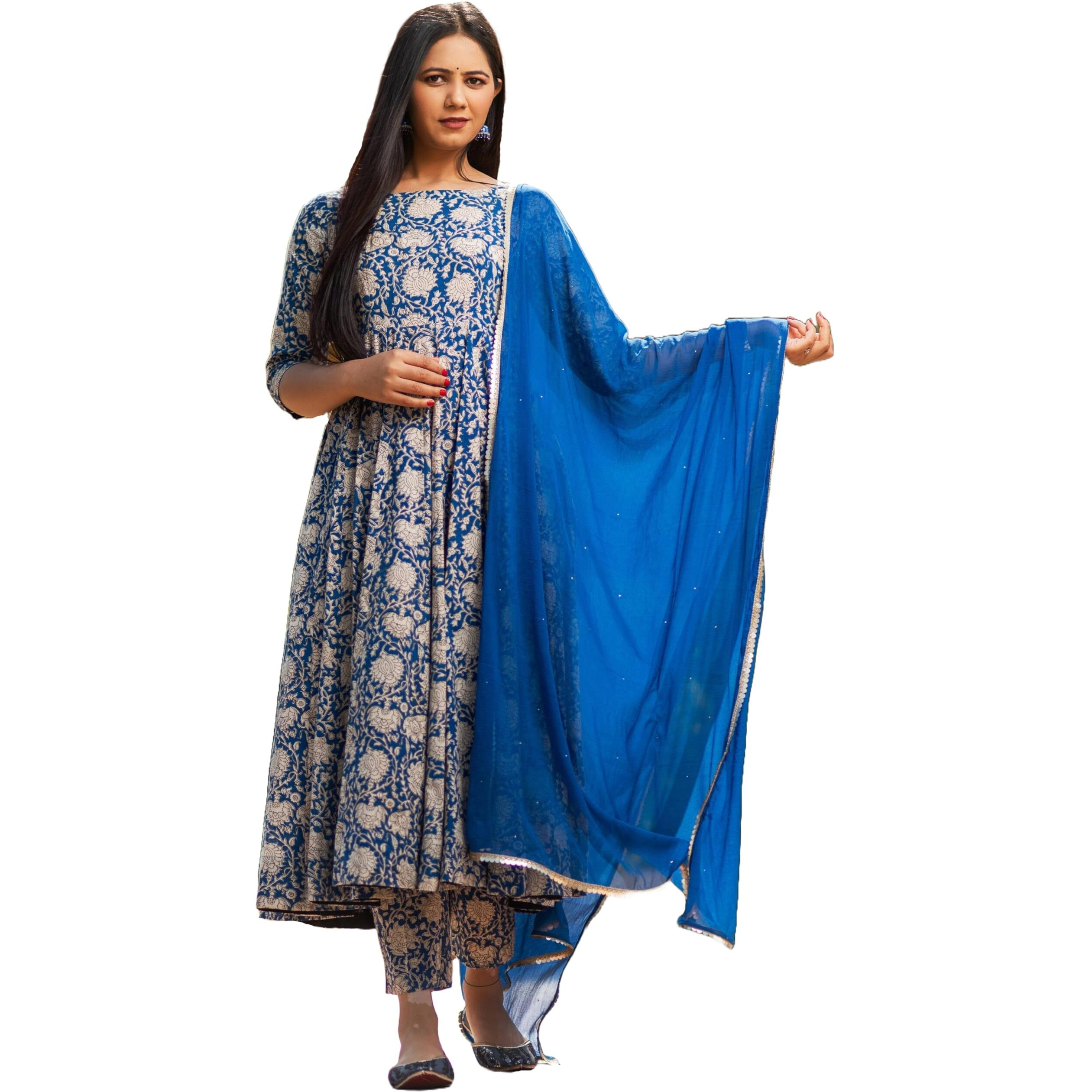 Gosriki Women's Rayon Blend Bagru Printed Anarkali Kurta With Pant & Dupatta (Sukhkarni-Blue-Gs_S_Blue_Small)