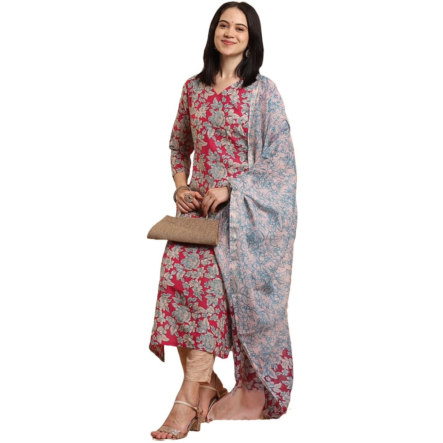 Gosriki Women's Rayon Blend Printed Straight Kurta With Pant & Dupatta (Moringa Pink-Vks05-Gs_M_Pink_Medium)