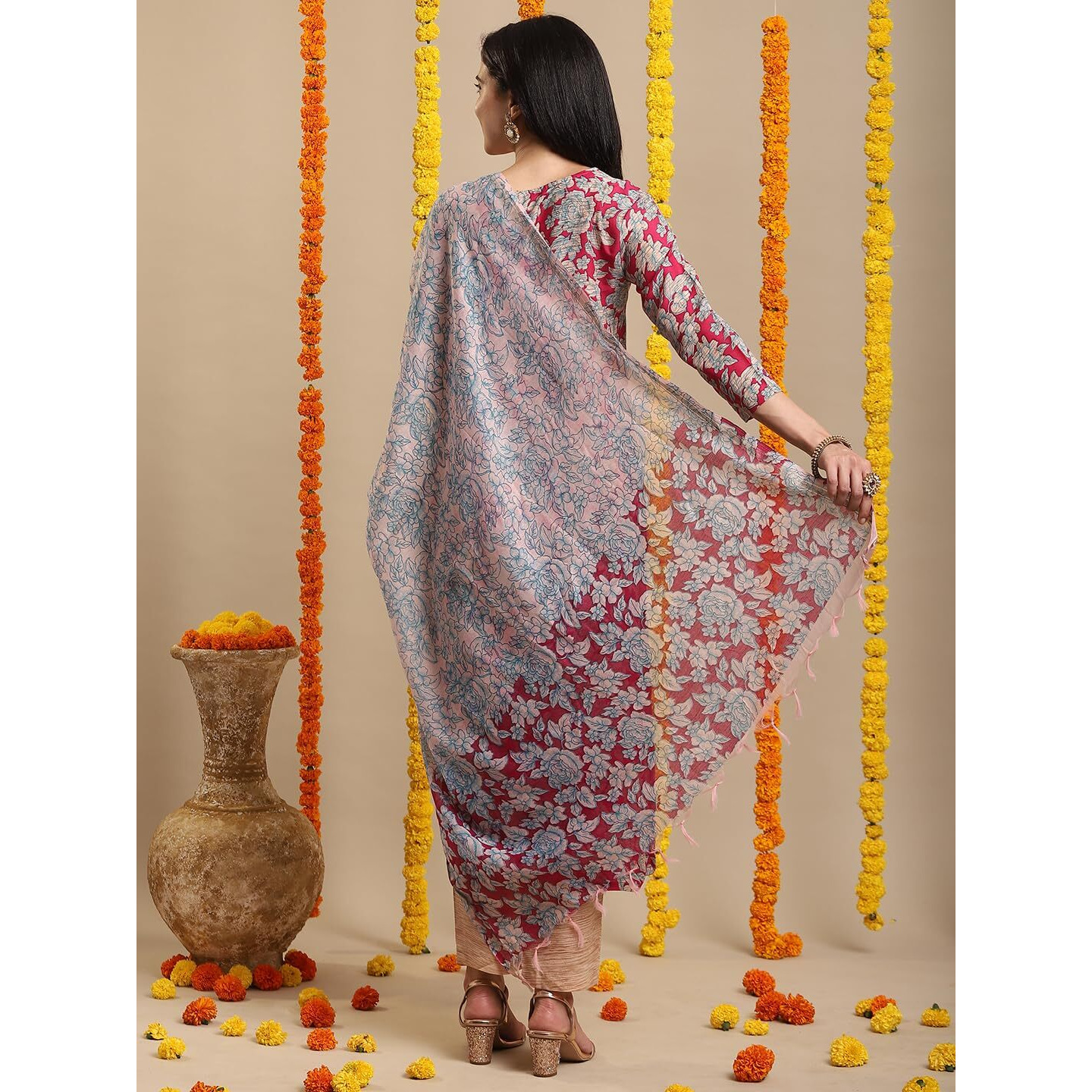 Gosriki Women's Rayon Blend Printed Straight Kurta With Pant & Dupatta (Moringa Pink-Vks05-Gs_M_Pink_Medium)