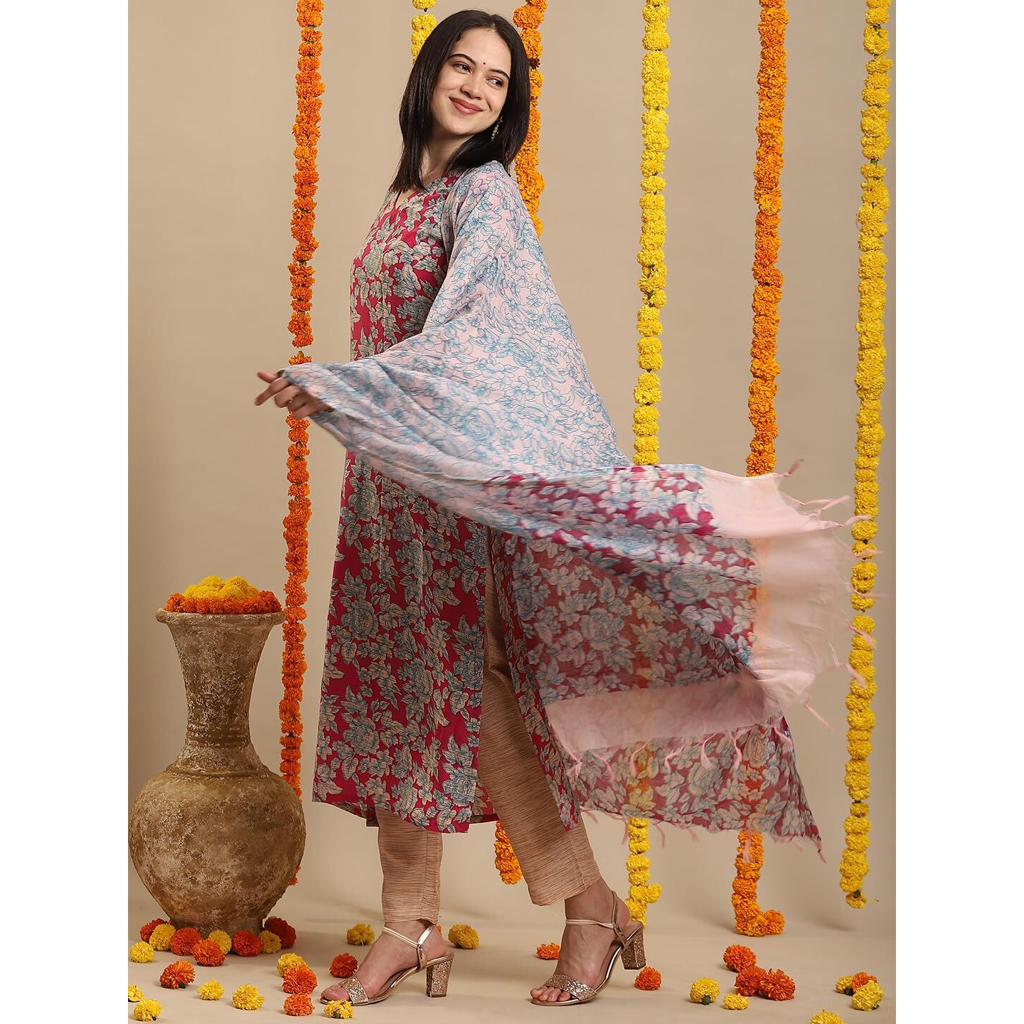 Gosriki Women's Rayon Blend Printed Straight Kurta With Pant & Dupatta (Moringa Pink-Vks05-Gs_M_Pink_Medium)