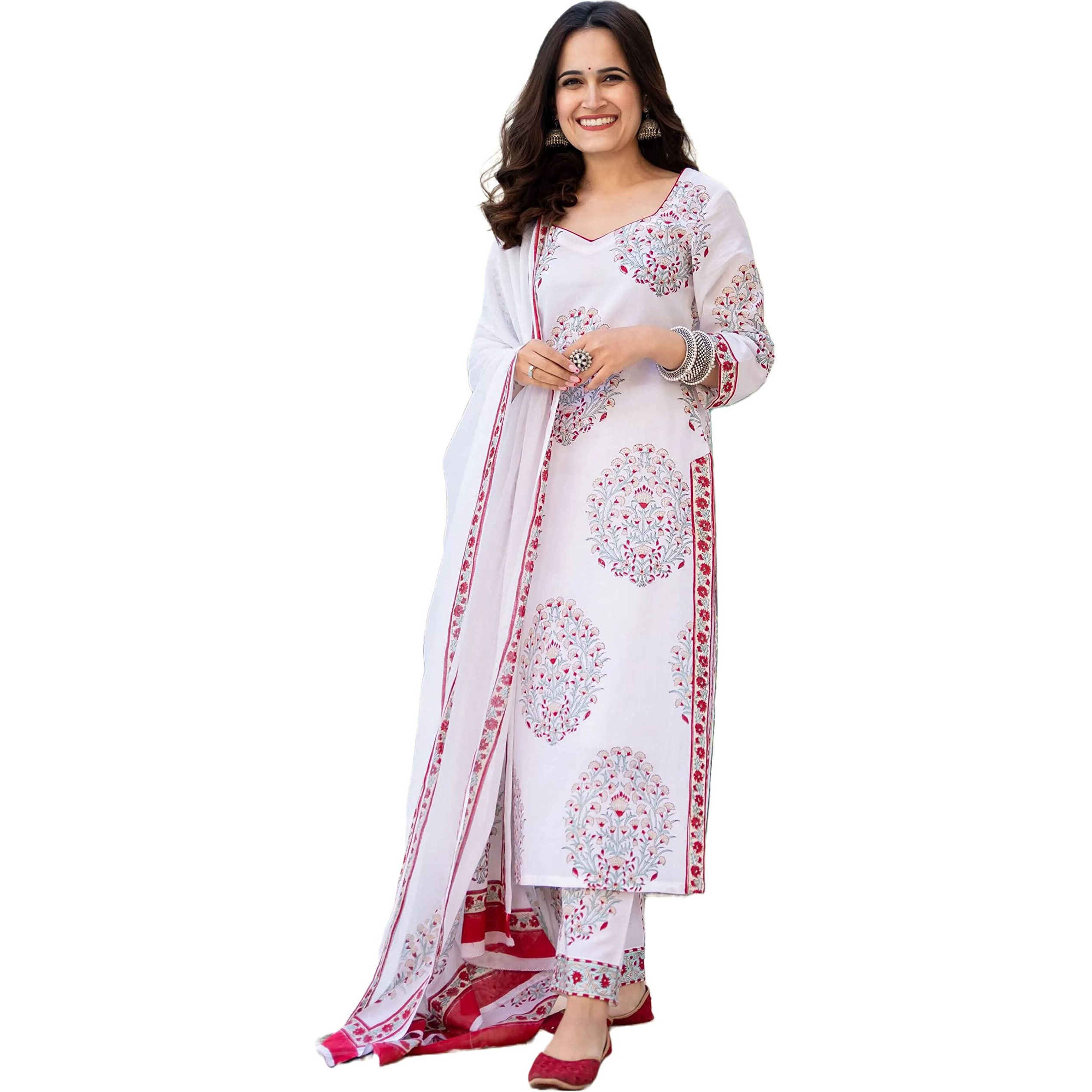Gosriki Women's Cotton Blend Floral Printed Straight Kurta With Pants & Dupatta (Cup-Off-White_M-Gs_White_Medium)