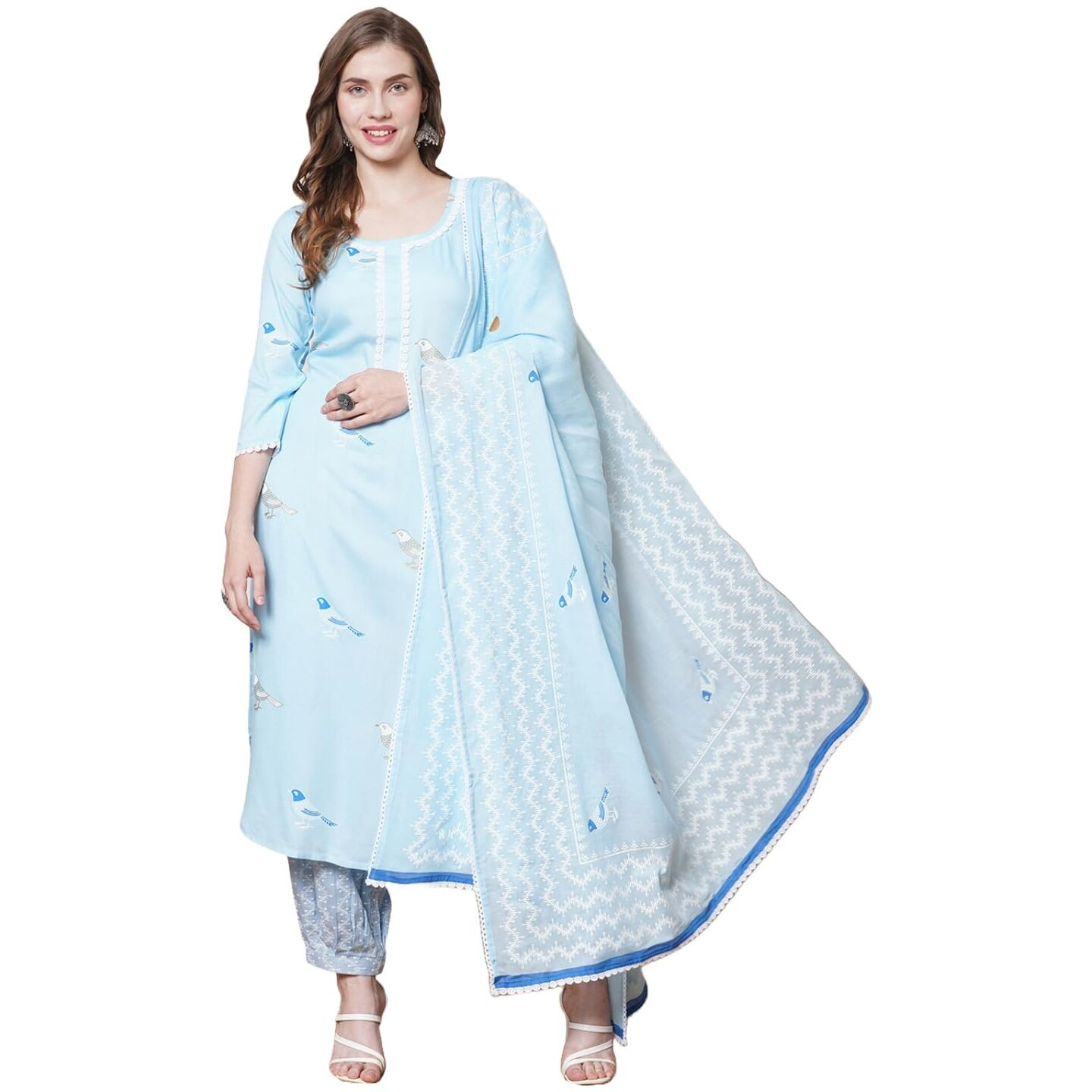 Gosriki Women's Rayon Blend Straight Hand Block Printed Kurta With Pant & Dupatta (Ragsri Ice Blue-Vks05-Gs_S_Blue_Small)