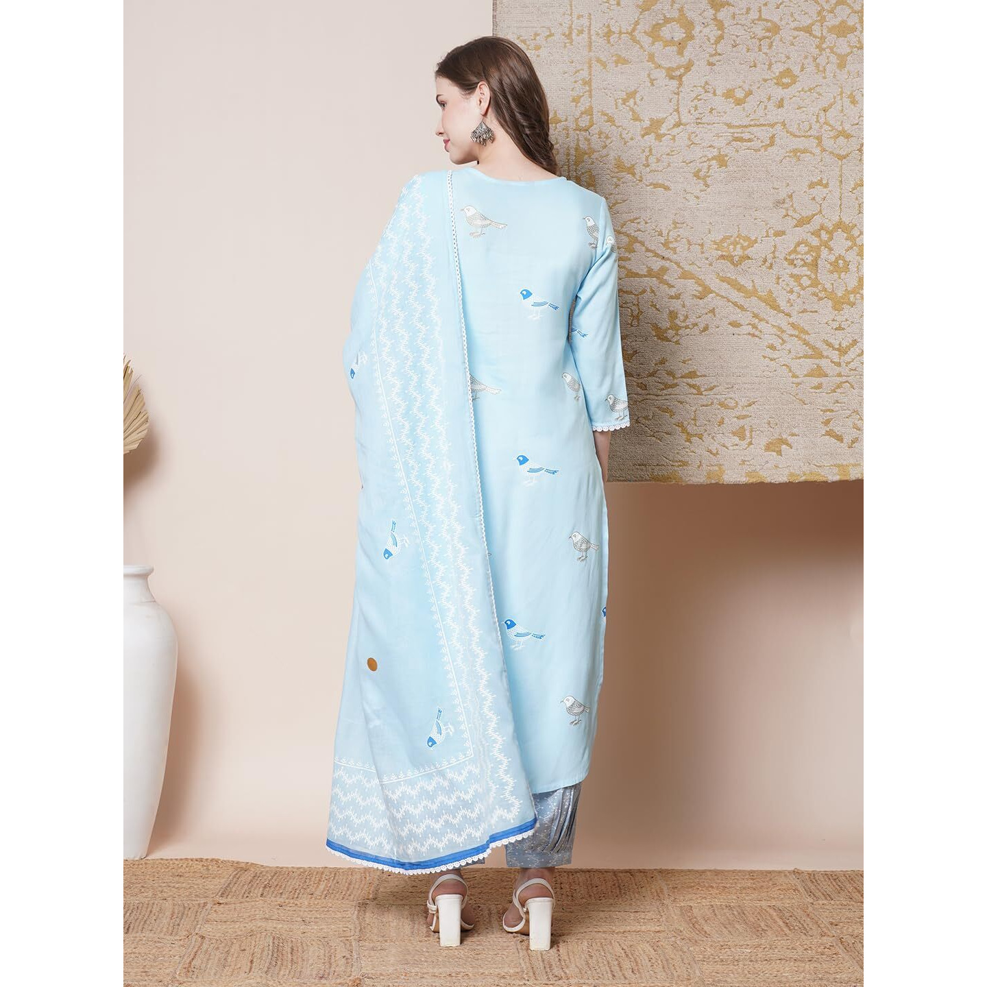 Gosriki Women's Rayon Blend Straight Hand Block Printed Kurta With Pant & Dupatta (Ragsri Ice Blue-Vks05-Gs_S_Blue_Small)