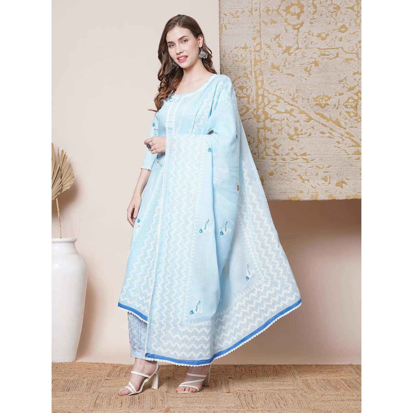 Gosriki Women's Rayon Blend Straight Hand Block Printed Kurta With Pant & Dupatta (Ragsri Ice Blue-Vks05-Gs_S_Blue_Small)