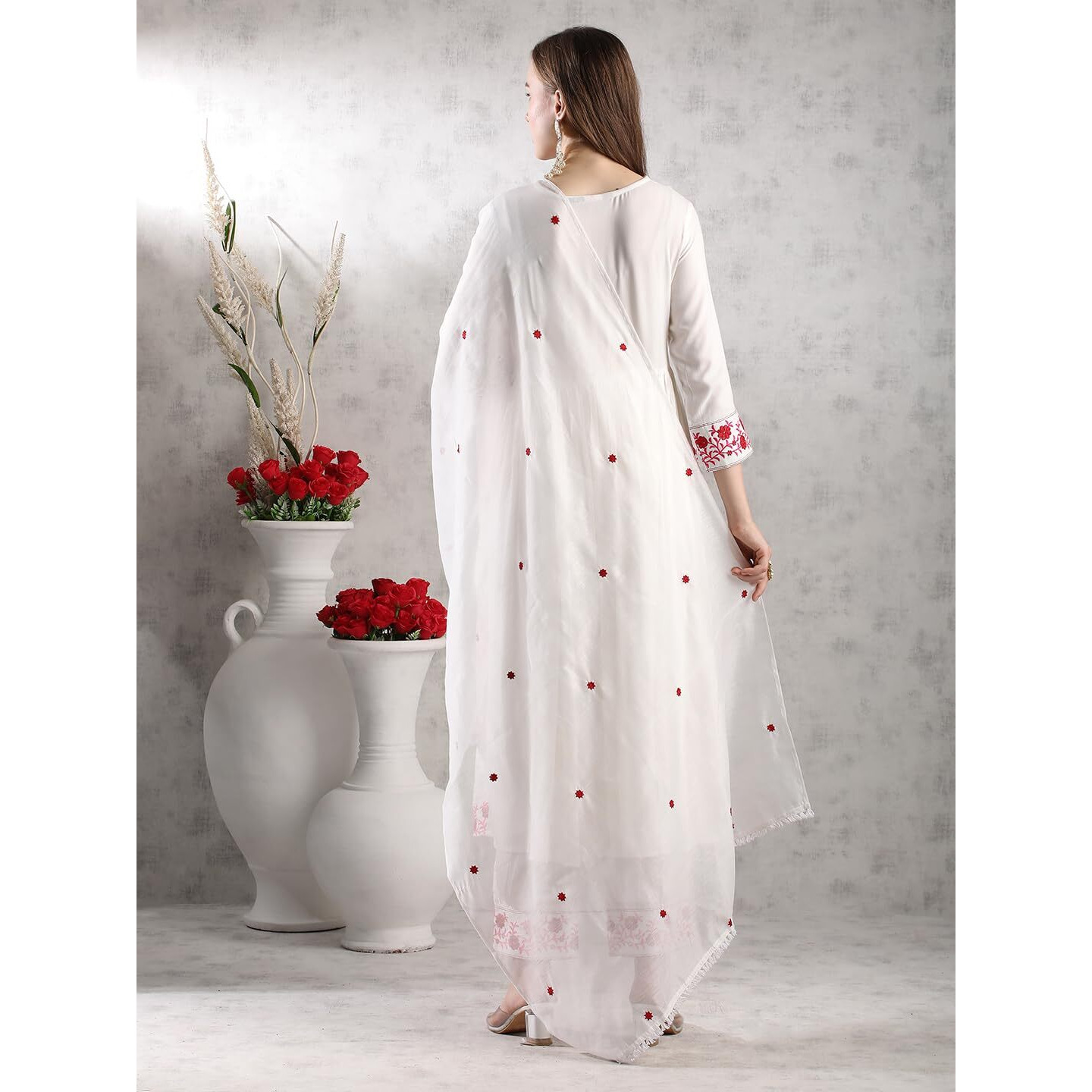 Gosriki Women's Rayon Blend Anarkali Embroidered Kurta With Pant & Dupatta (Raashi Cream-Vks02-Gs_M_Cream_Medium)