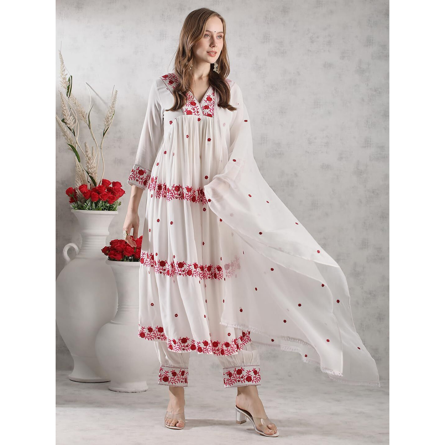 Gosriki Women's Rayon Blend Anarkali Embroidered Kurta With Pant & Dupatta (Raashi Cream-Vks02-Gs_M_Cream_Medium)