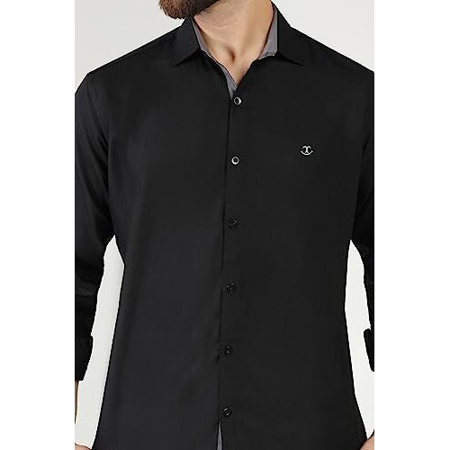 Toplot Men's Solid Slim Fit Cotton Blend Casual Shirt With Spread Collar & Full Sleeves (Plain-Shirt-5112-Black-M)