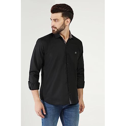 Toplot Men's Solid Slim Fit Cotton Blend Casual Shirt With Spread Collar & Full Sleeves (Plain-Shirt-5112-Black-M)