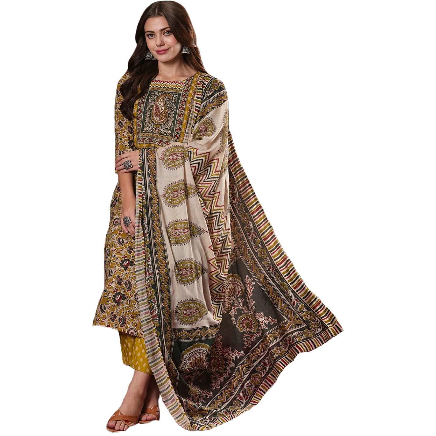 Gosriki Women's Cotton Blend Straight Printed Kurta With Pant & Dupatta (Mridul Mustard-Gs_Xl_Mustard_X-Large)