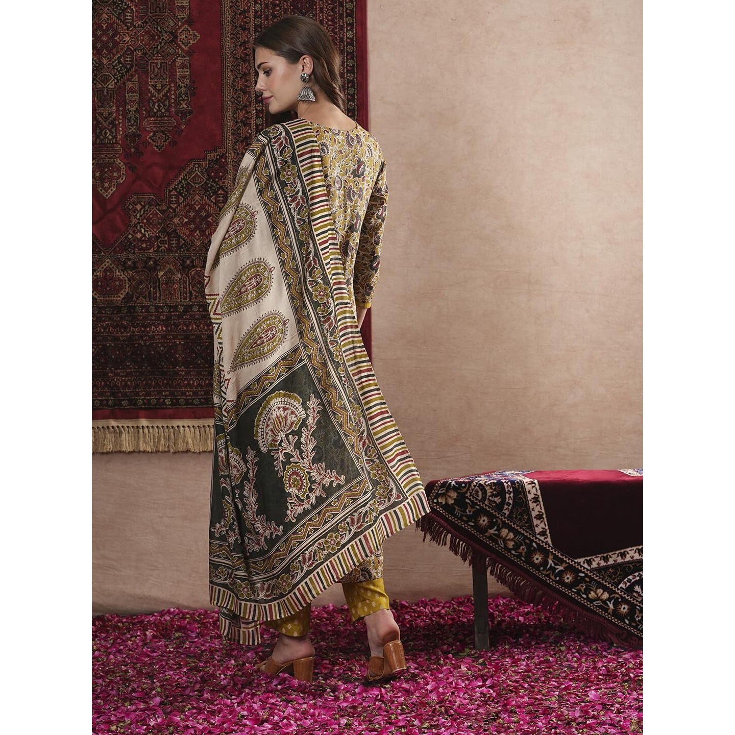 Gosriki Women's Cotton Blend Straight Printed Kurta With Pant & Dupatta (Mridul Mustard-Gs_Xl_Mustard_X-Large)