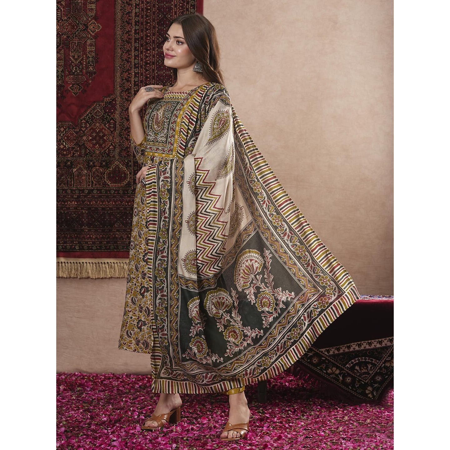 Gosriki Women's Cotton Blend Straight Printed Kurta With Pant & Dupatta (Mridul Mustard-Gs_Xl_Mustard_X-Large)