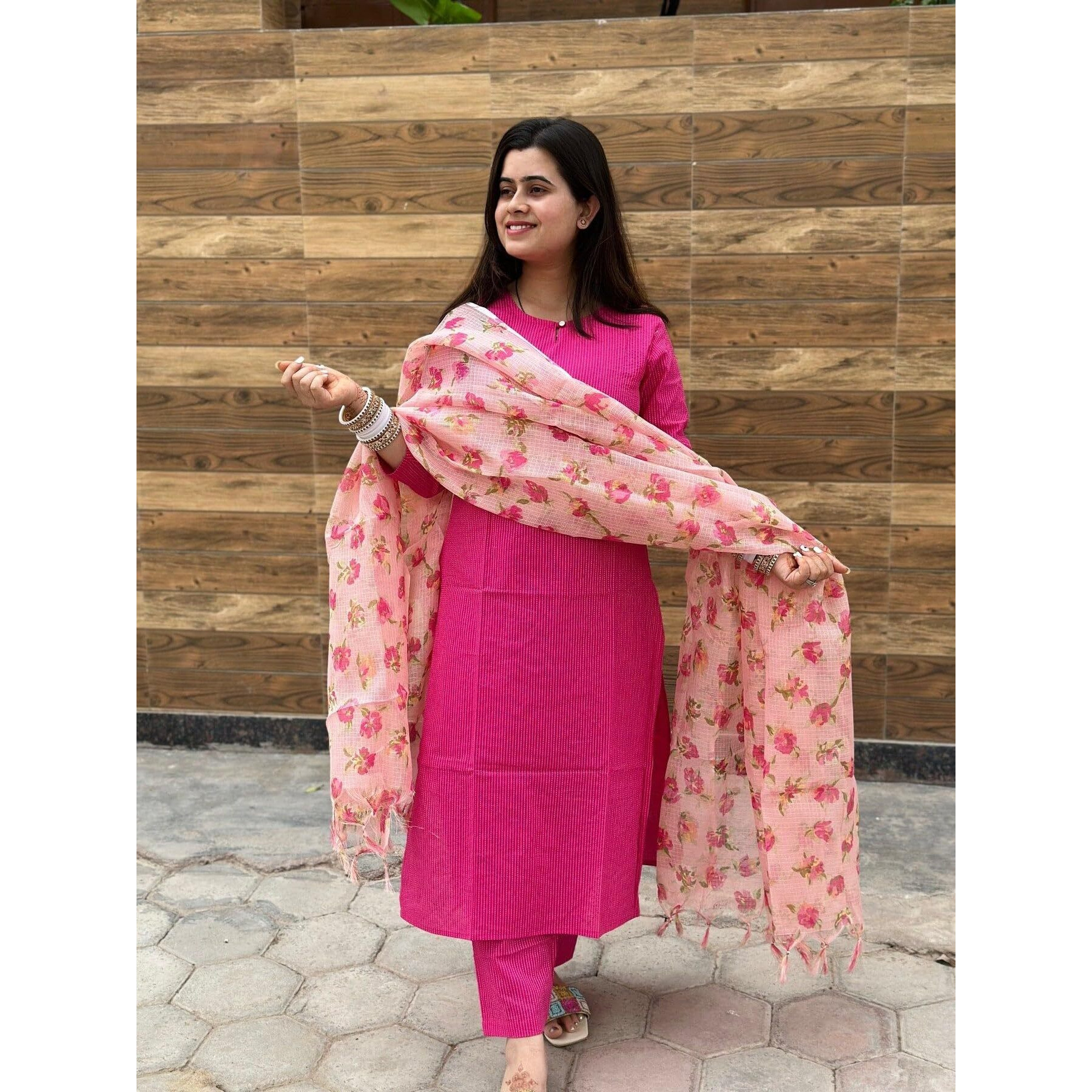 Gosriki Women's Rayon Blend Printed Straight Kurta With Pant & Dupatta (Barhai Pink-Gs_Xxl_Pink_Xx-Large)