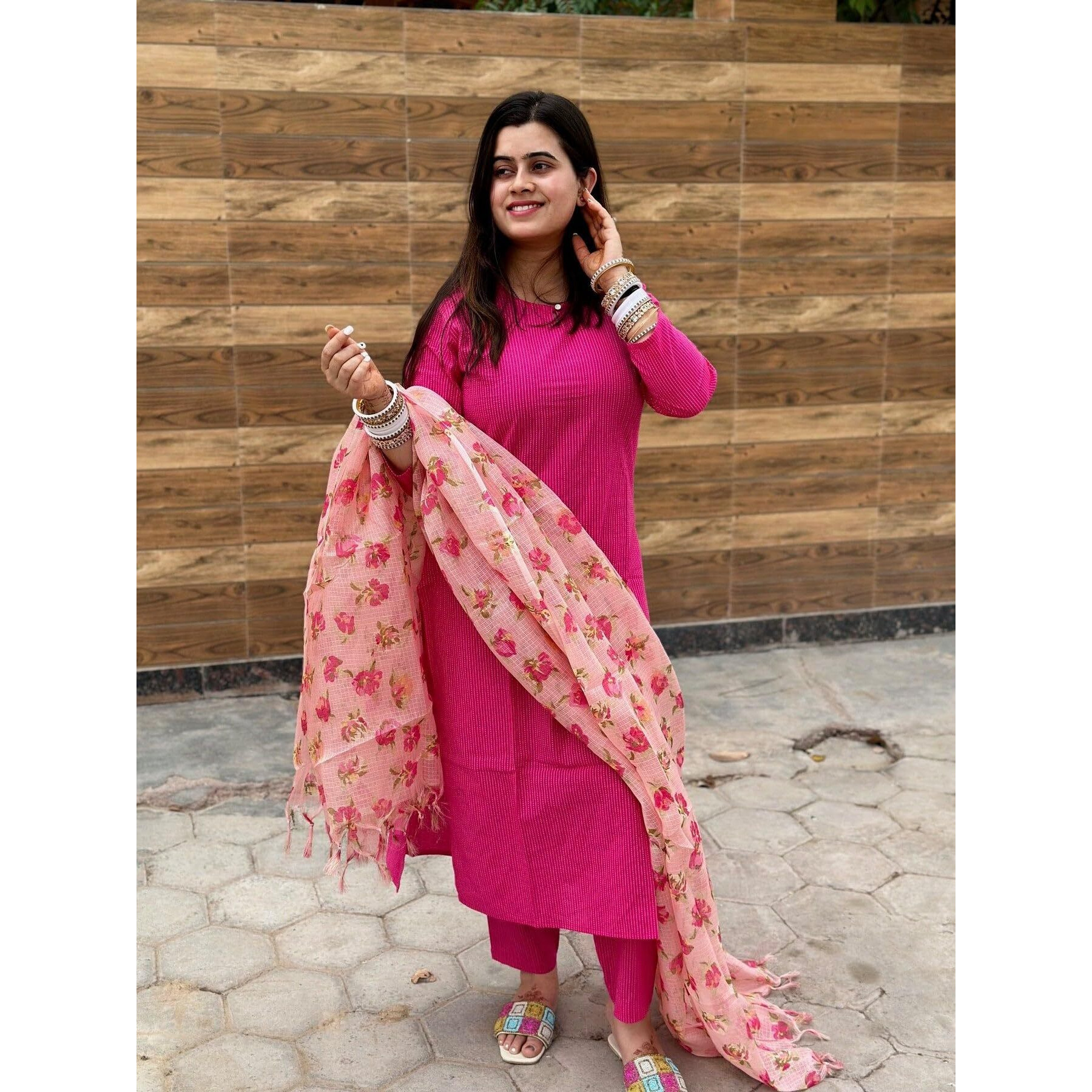 Gosriki Women's Rayon Blend Printed Straight Kurta With Pant & Dupatta (Barhai Pink-Gs_Xxl_Pink_Xx-Large)