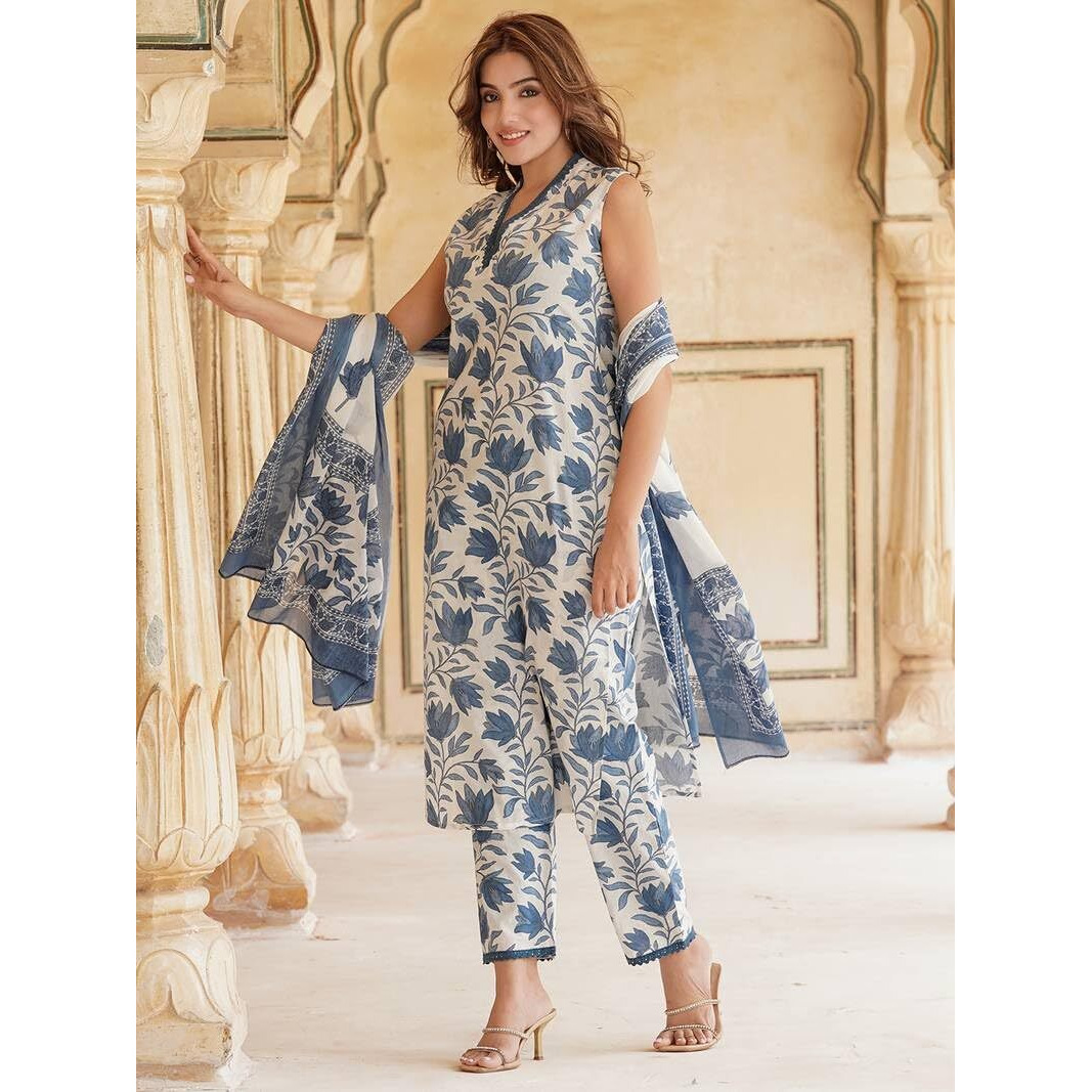 Gosriki Women's Cotton Blend Printed Straight Kurta With Pant & Dupatta (Root White-Gs_L_White_Large)