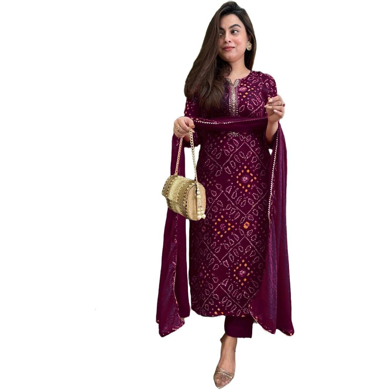 Gosriki Women's Rayon Blend Straight Bandhej Printed Kurta With Pant & Dupatta (Turae Wine-Vks01-Gs_Xl_Wine_X-Large)