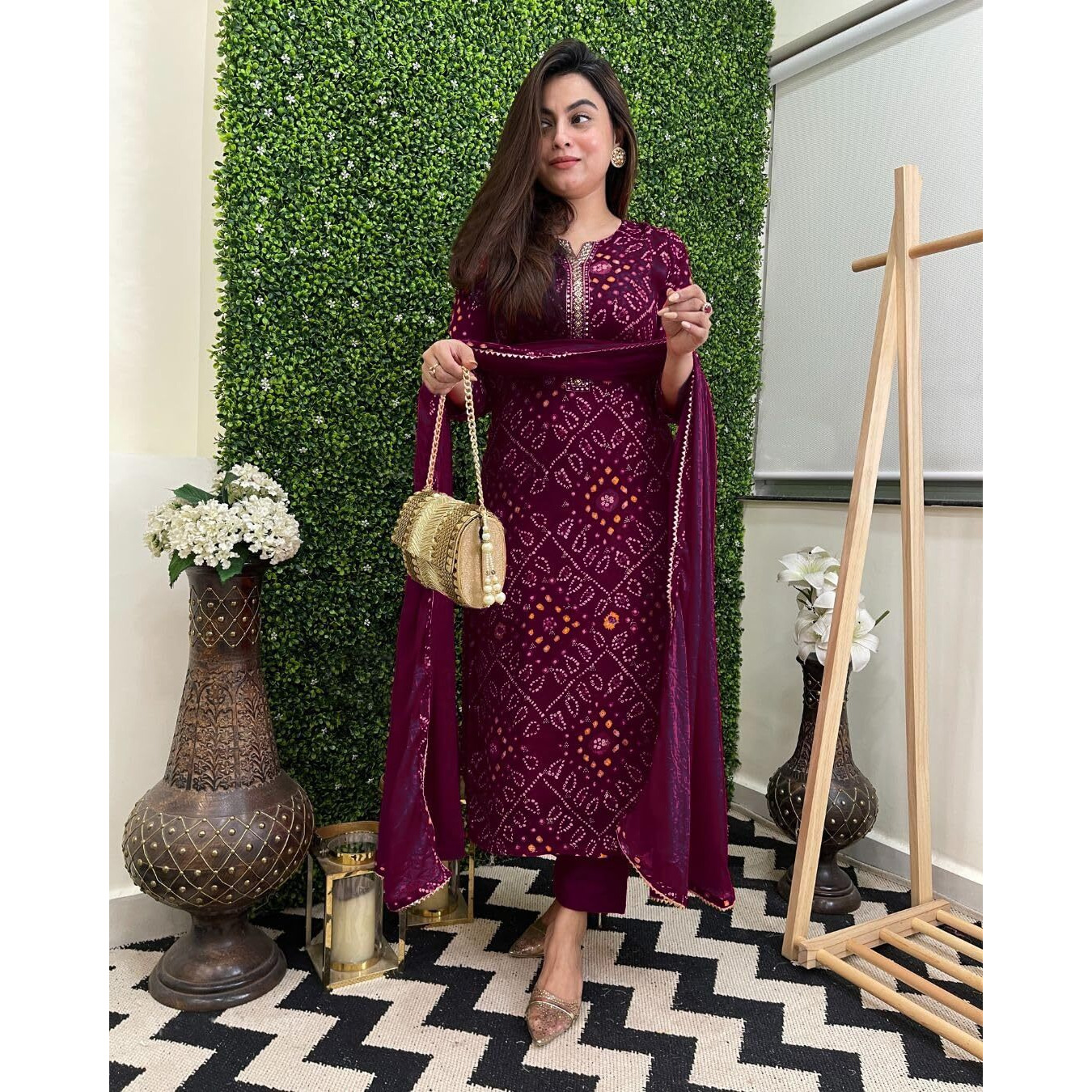 Gosriki Women's Rayon Blend Straight Bandhej Printed Kurta With Pant & Dupatta (Turae Wine-Vks01-Gs_Xl_Wine_X-Large)