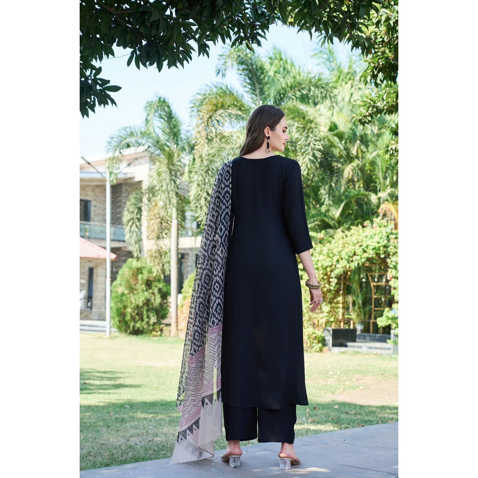 Gosriki Women's Rayon Blend Solid Anarkali Kurta With Pant & Dupatta (Jamana Black-Vks04-Gs_M_Black_Medium)