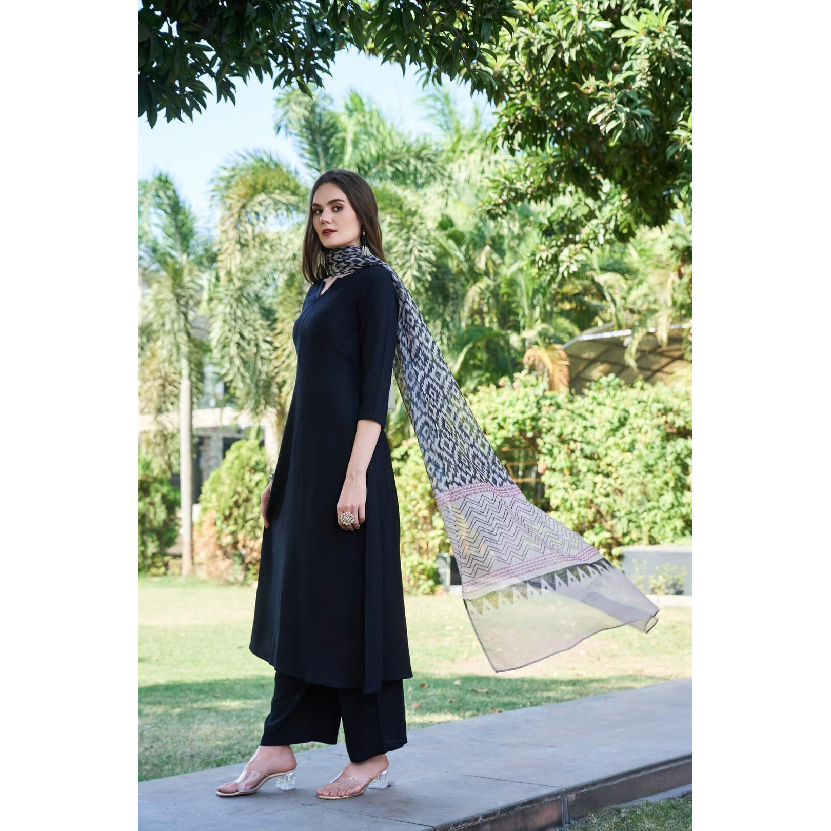 Gosriki Women's Rayon Blend Solid Anarkali Kurta With Pant & Dupatta (Jamana Black-Vks04-Gs_M_Black_Medium)