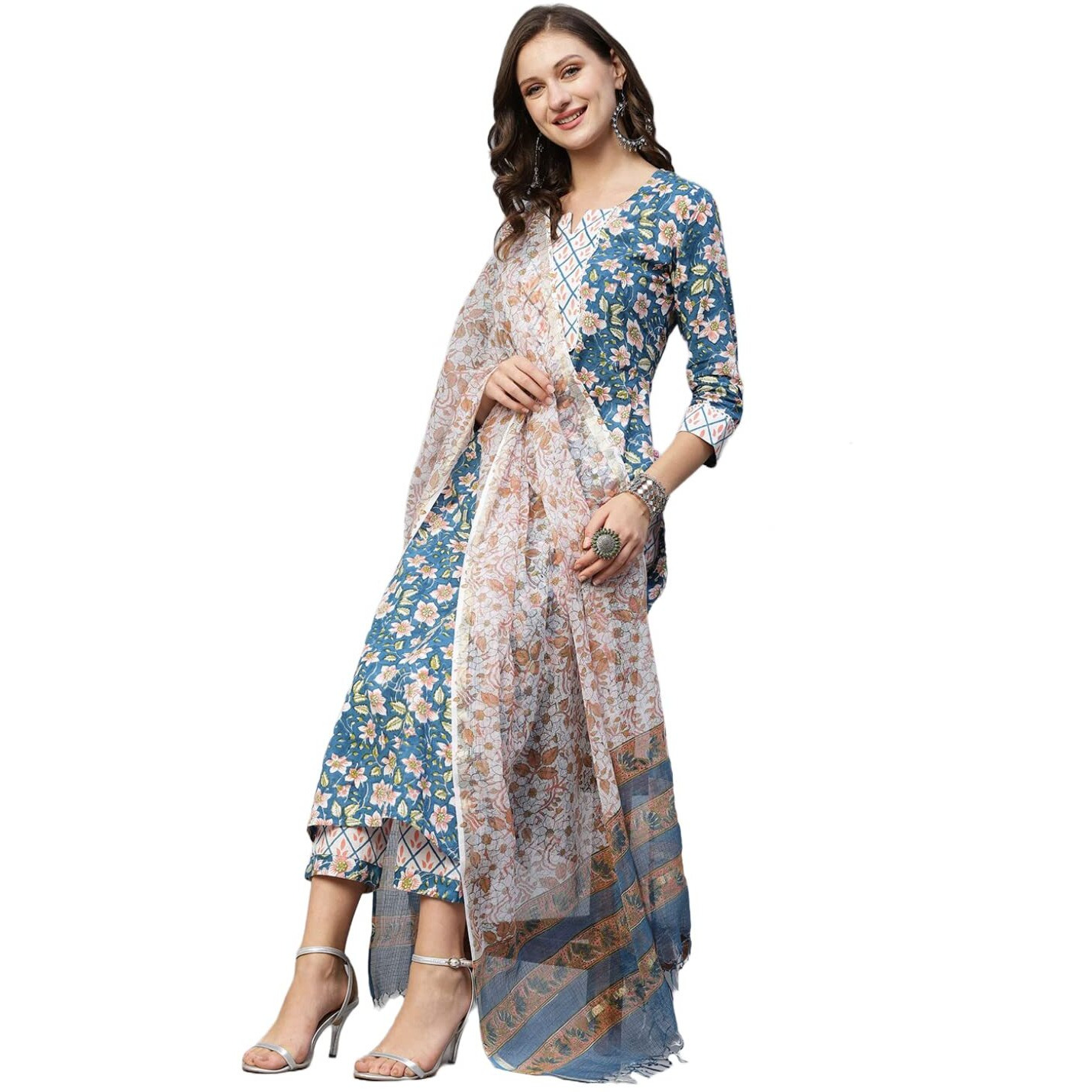 Gosriki Women's Cotton Blend Straight Printed Kurta With Pant & Dupatta (Kuntu Blue-Nw-Gs_Xl_Blue_X-Large)