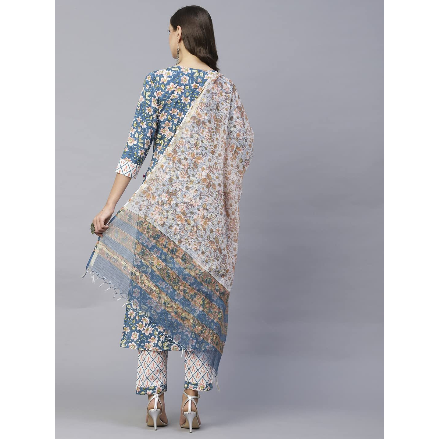Gosriki Women's Cotton Blend Straight Printed Kurta With Pant & Dupatta (Kuntu Blue-Nw-Gs_Xl_Blue_X-Large)