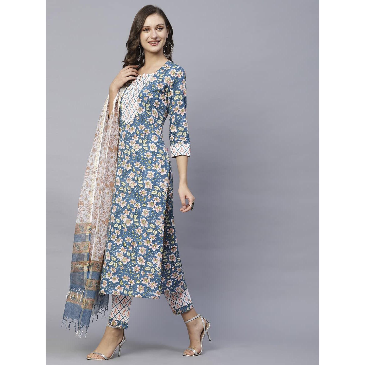 Gosriki Women's Cotton Blend Straight Printed Kurta With Pant & Dupatta (Kuntu Blue-Nw-Gs_Xl_Blue_X-Large)