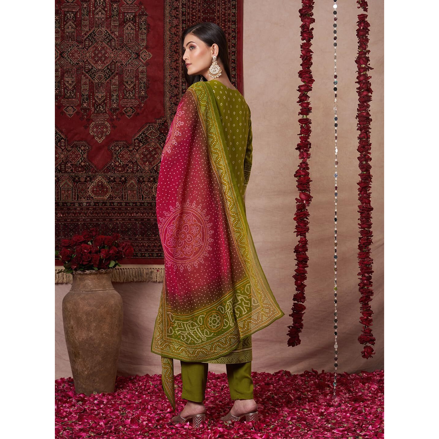 Gosriki Women's Rayon Viscose Printed Straight Kurta With Pant & Dupatta (Subhi Mehandi-Vks05-Gs_Xl_Mehandi_X-Large)