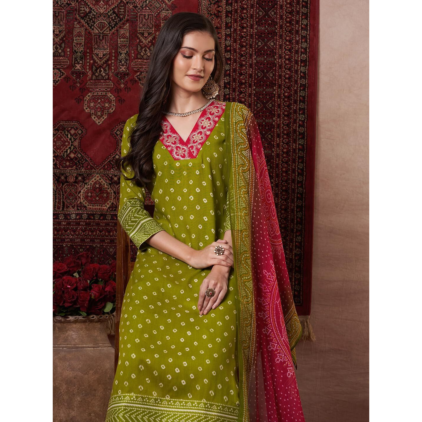 Gosriki Women's Rayon Viscose Printed Straight Kurta With Pant & Dupatta (Subhi Mehandi-Vks05-Gs_Xl_Mehandi_X-Large)