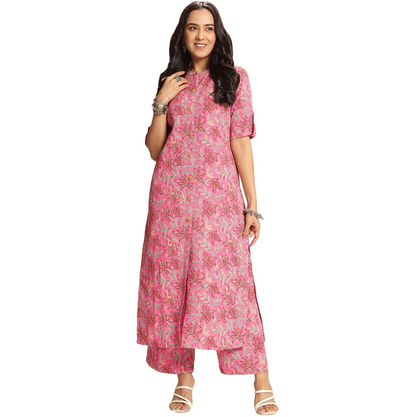 Gosriki Women's Rayon Viscose Straight Printed Kurta With Pant (Kasit Pink-Vks01-Gs_M_Pink_Medium)