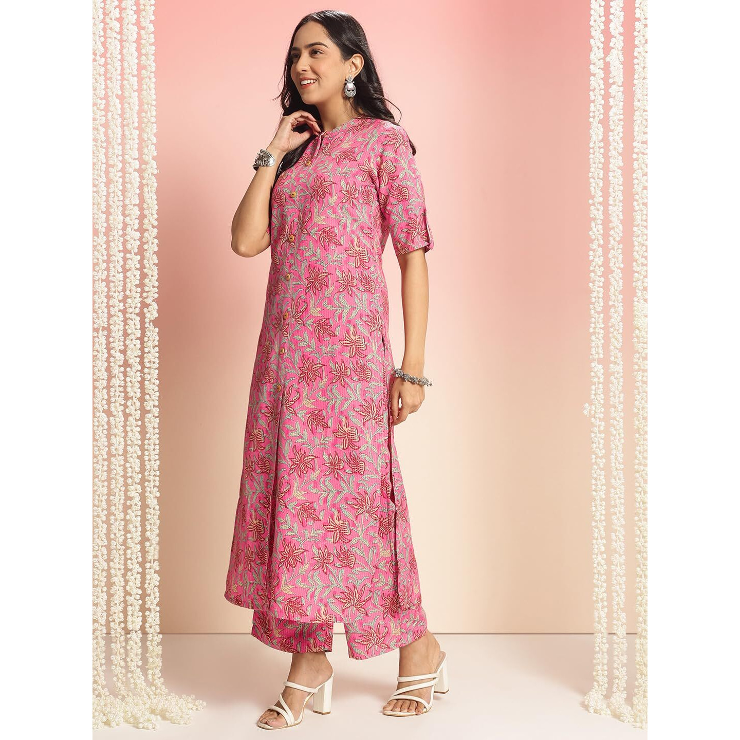 Gosriki Women's Rayon Viscose Straight Printed Kurta With Pant (Kasit Pink-Vks01-Gs_M_Pink_Medium)