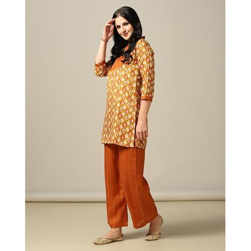 Toplot Women's Cotton Blend Printed Straight Kurta With Pant (Kurta-Pant-5175-Orange-S)