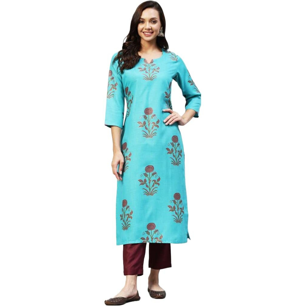 Gosriki Women's Cotton Blend Printed Straight Kurta With Pant (Team-Sky_L-Go_Sky Blue_Large)