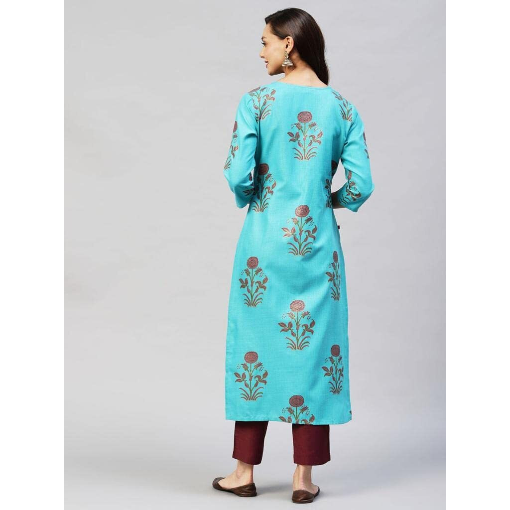 Gosriki Women's Cotton Blend Printed Straight Kurta With Pant (Team-Sky_L-Go_Sky Blue_Large)
