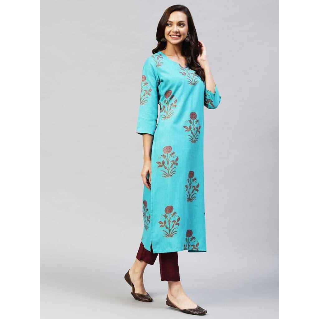 Gosriki Women's Cotton Blend Printed Straight Kurta With Pant (Team-Sky_L-Go_Sky Blue_Large)