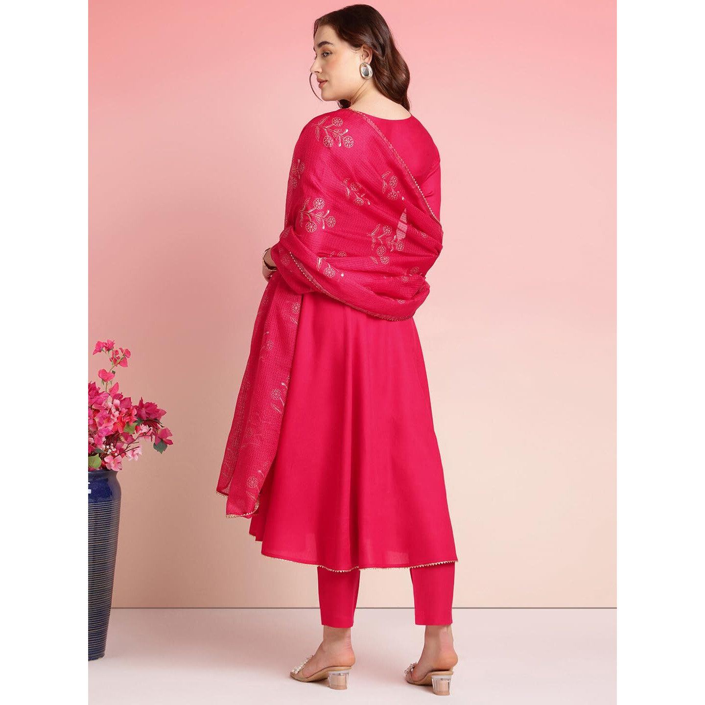 Gosriki Women's Rayon Blend Anarkali Embroidered Kurta With Pant & Dupatta (Aparnaa Pink-Vks03-Gs_L_Pink_Large)
