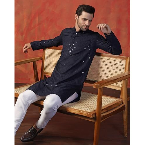 Toplot Kurta For Men || Men's Ethnic Wear Sequin Embroidered Cotton Blend Kurta Set || Men's Kurta (Men-Seq-Kurta-Set-5209-Navy-M)