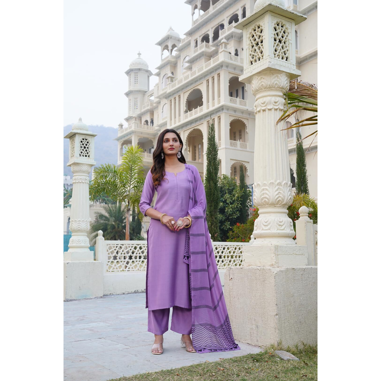 Gosriki Women's Rayon Blend Solid Straight Kurta With Pant & Dupatta (Raja Saab Purple-Vks05-Gs_4Xl_Purple_Xxxx-Large)