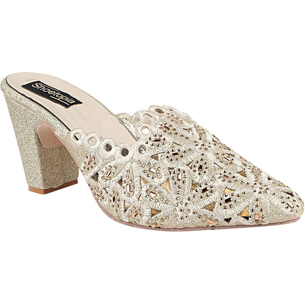 Shoetopia Women's Golden Embroidered Block Heel Mules  Ethnic Slip-On Sandals With Glitter Finish And Cutwork Detailing Eu41