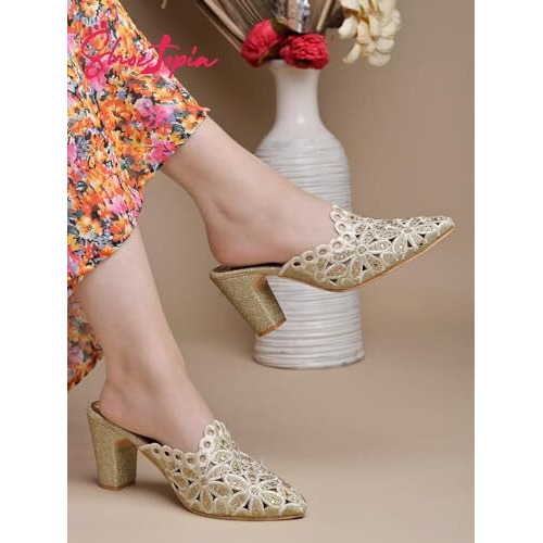 Shoetopia Women's Golden Embroidered Block Heel Mules  Ethnic Slip-On Sandals With Glitter Finish And Cutwork Detailing Eu41