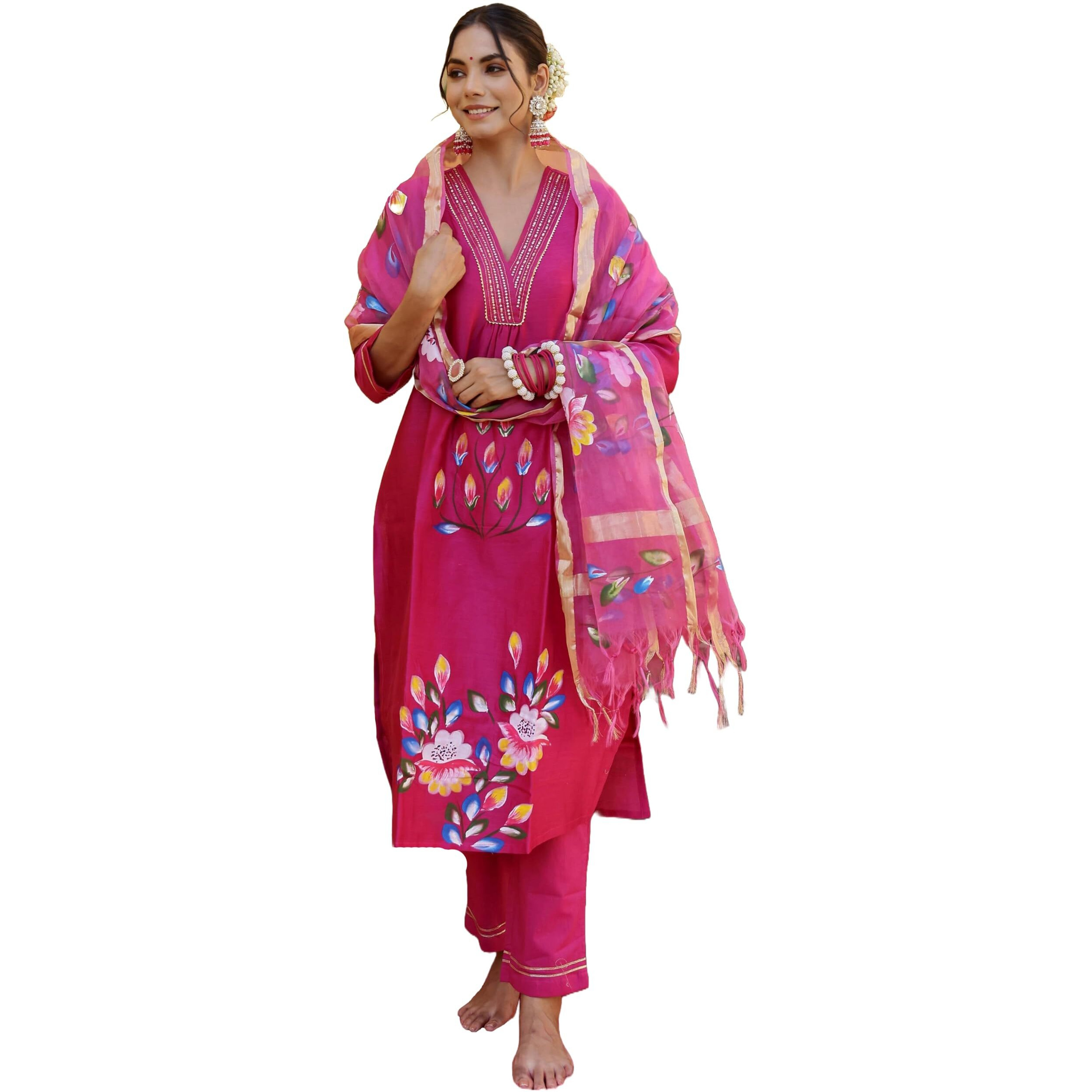 Gosriki Women's Rayon Blend Printed Straight Kurta With Pant & Dupatta (Sanskrit Rani-Gs_M_Pink_Medium)