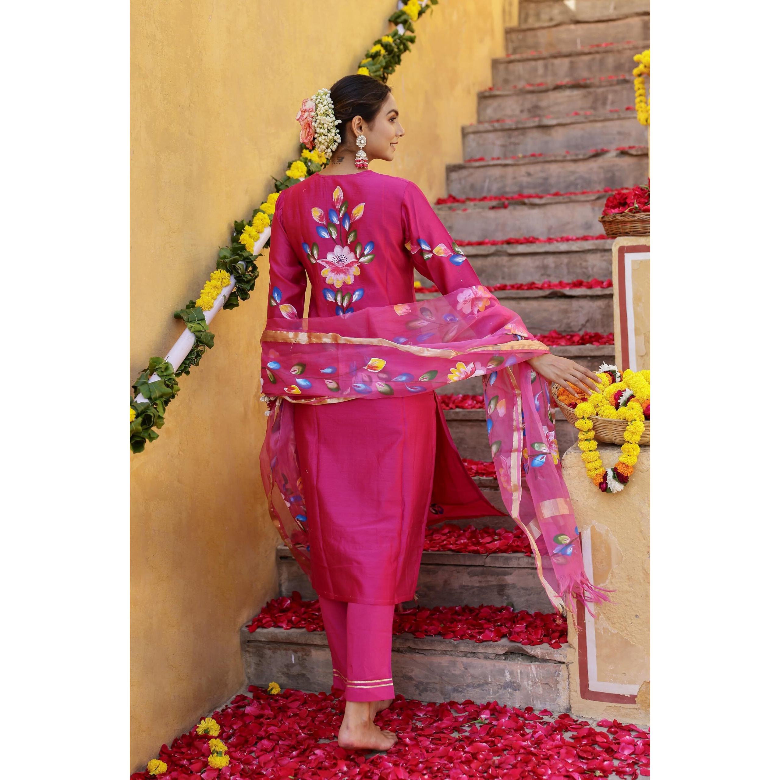 Gosriki Women's Rayon Blend Printed Straight Kurta With Pant & Dupatta (Sanskrit Rani-Gs_M_Pink_Medium)
