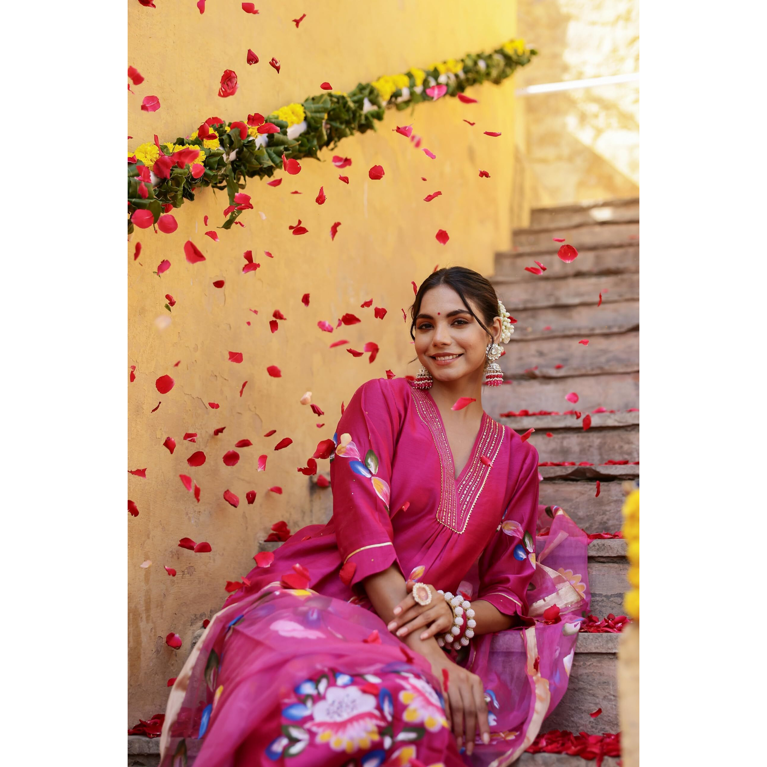 Gosriki Women's Rayon Blend Printed Straight Kurta With Pant & Dupatta (Sanskrit Rani-Gs_M_Pink_Medium)