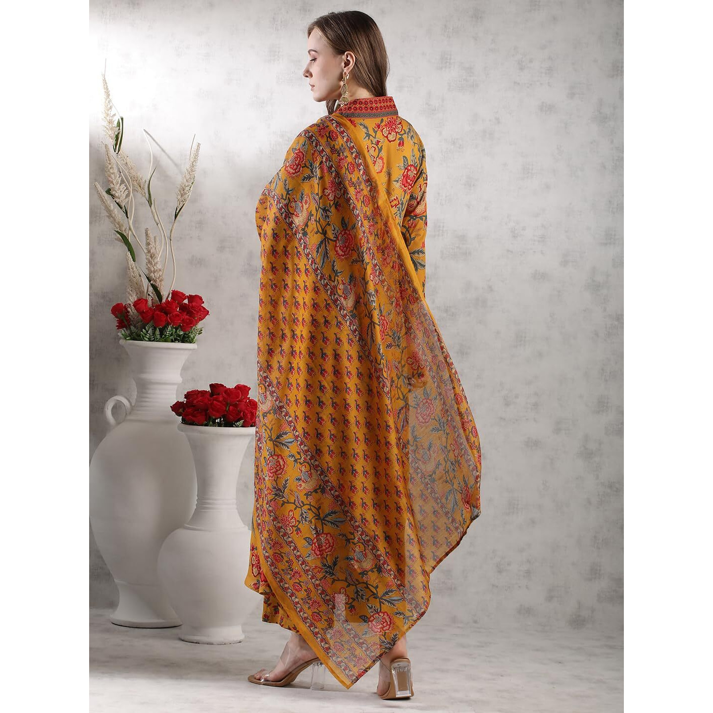 Gosriki Women's Rayon Blend Anarkali Printed Kurta With Palazzo & Dupatta (Cia Yellow-Vks05-Gs_L_Yellow_Large)