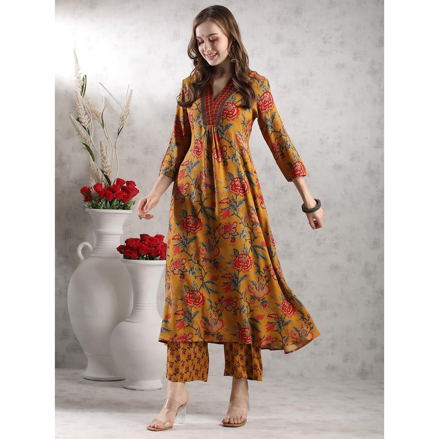 Gosriki Women's Rayon Blend Anarkali Printed Kurta With Palazzo & Dupatta (Cia Yellow-Vks05-Gs_L_Yellow_Large)