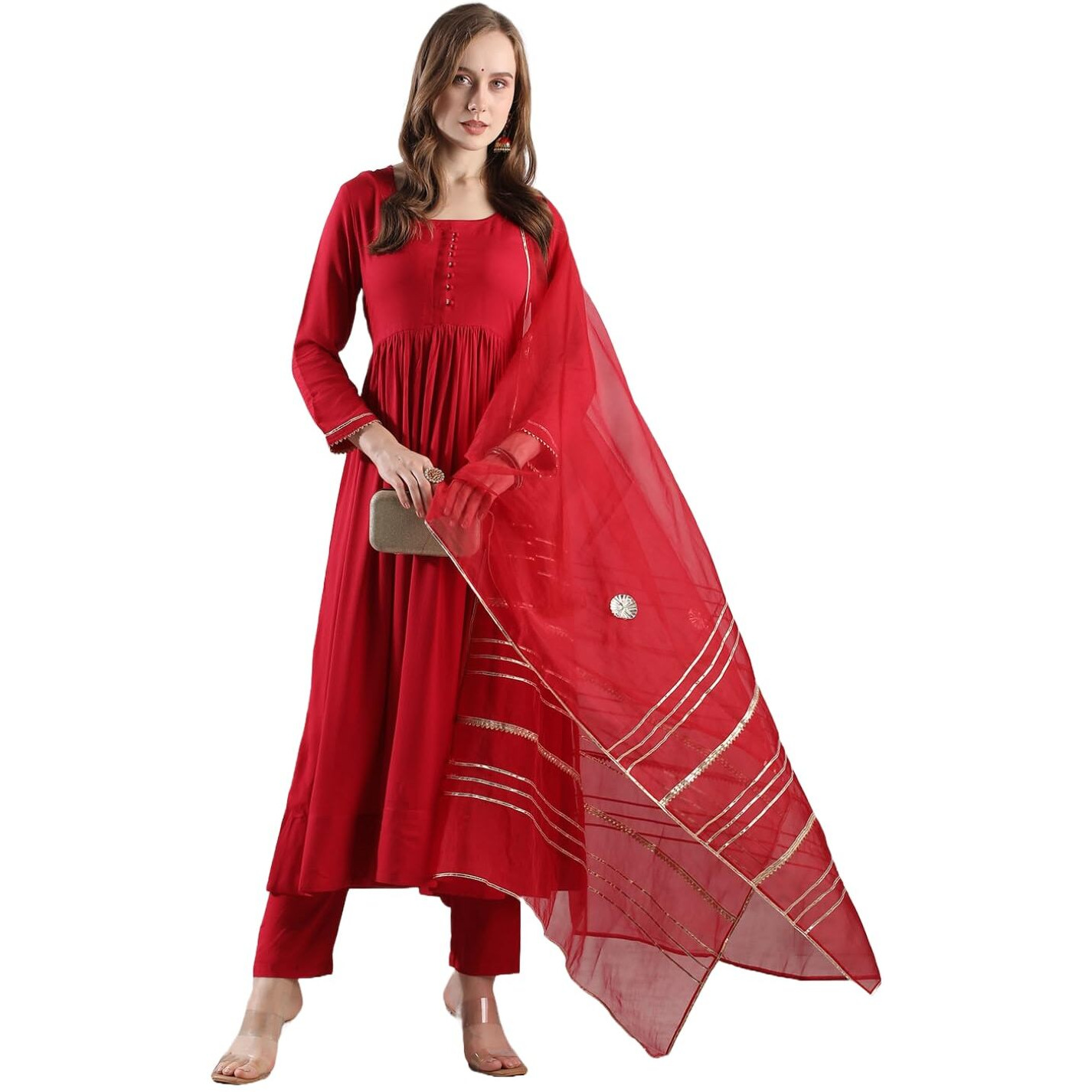 Gosriki Women's Rayon Blend Anarkali Solid Kurta With Pant & Dupatta (Jaynti Red-Vks04-Gs_L_Red_Large)